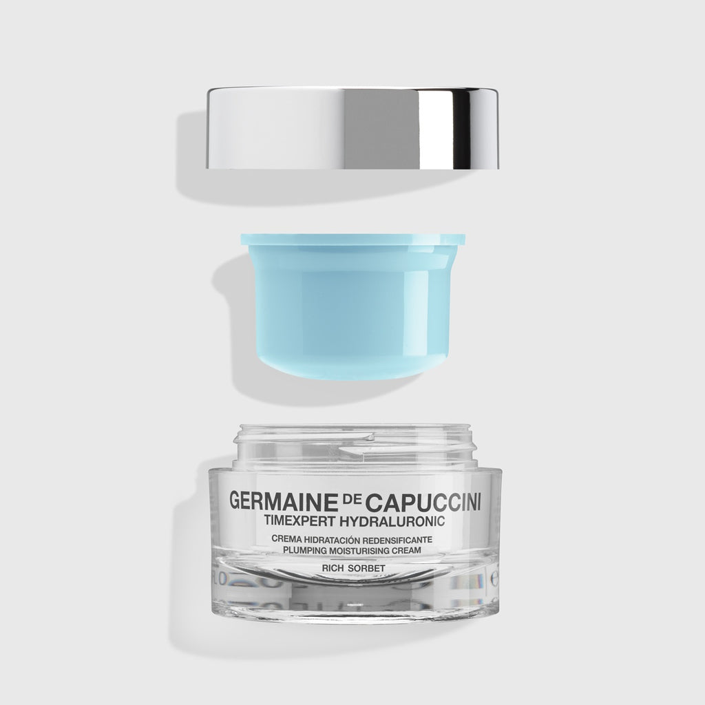 Detalle envase Eco Refill Gel Crema Hidratación Redensificante Rich Sorbet Germaine de Capuccini — formato sostenible. Conpra en cuotas,