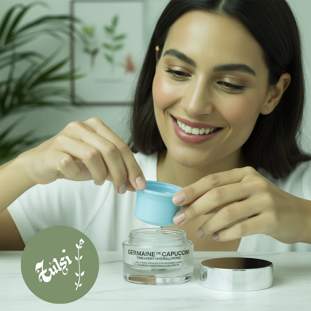 Mujer sonriente cargando el repuesto eco refill del gel crema redensificante Soft Sorbet Germaine de Capuccini Timexpert Hydraluronic | Tulsi Uruguay