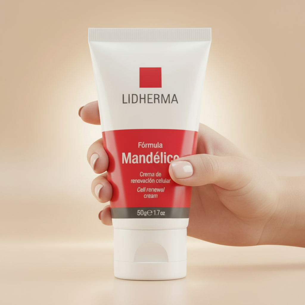 Mano sosteniendo crema Mandélico Lidherma 50g - Crema renovación celular facial - Uruguay | Tulsi