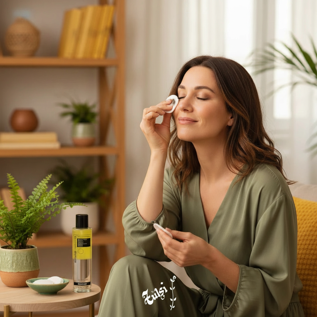 Mujer aplicando desmaquillante bifásico ojos y labios The Cleansing Expert Germaine de Capuccini con disco de algodón – Tulsi