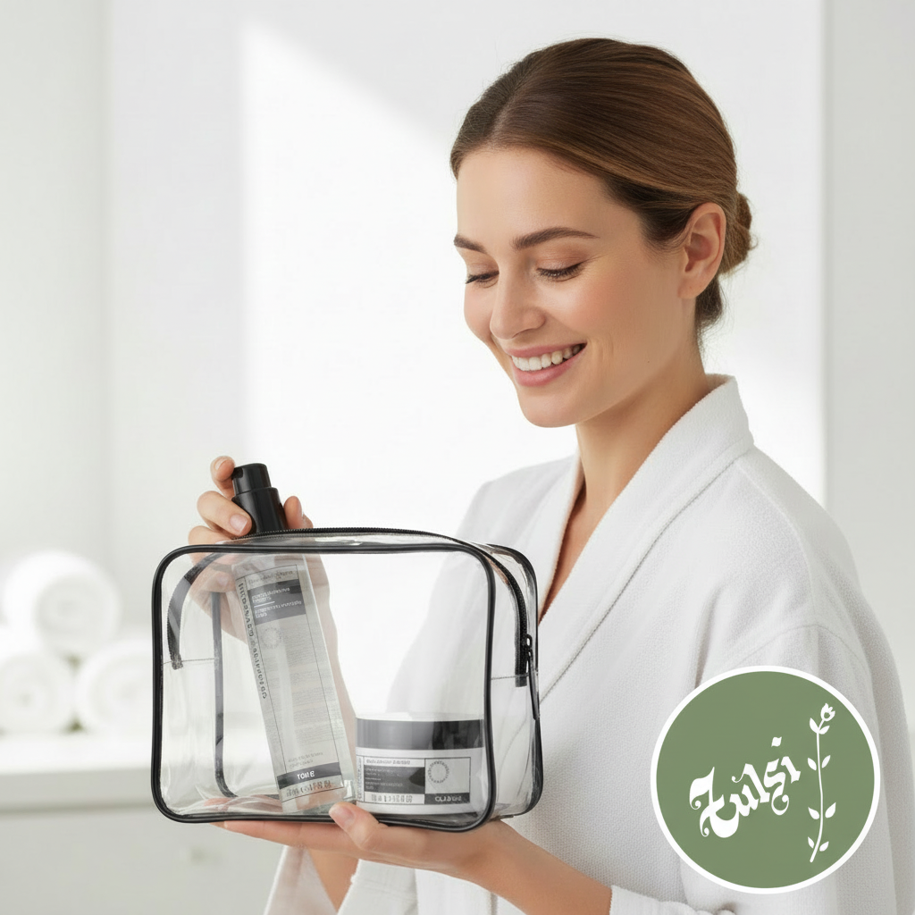 Mujer con bata blanca sosteniendo neceser transparente con productos Germaine de Capuccini – Rutina Nutritiva Tulsi | Uruguay | Maldonado