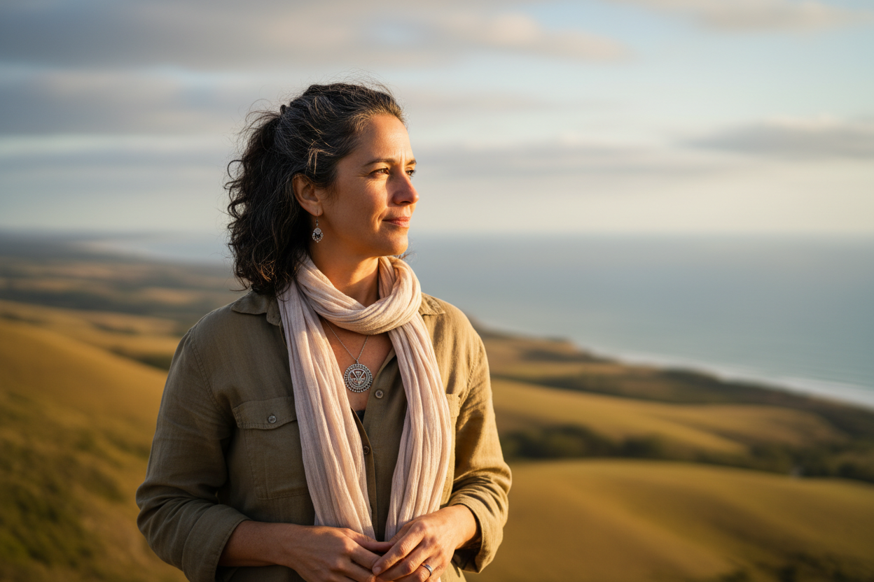 Mujer de alrededor de 45 años, intelectual, mirando hacia el horizonte, con un gesto de bienestar.La mujer es uruguaya. 