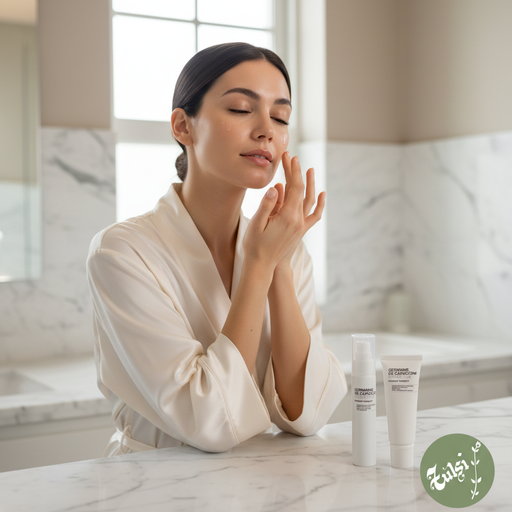 Mujer aplicando tratamiento antimanchas Pigment Therapy Home Pack Germaine de Capuccini Expert Lab - corrector manchas oscuras facial - Tulsi Uruguay