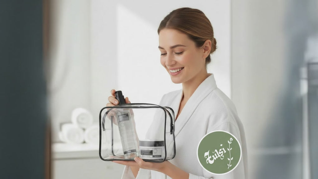 Mujer con bata blanca sosteniendo neceser transparente con productos Germaine de Capuccini – Rutina Nutritiva Tulsi | Uruguay | Florida