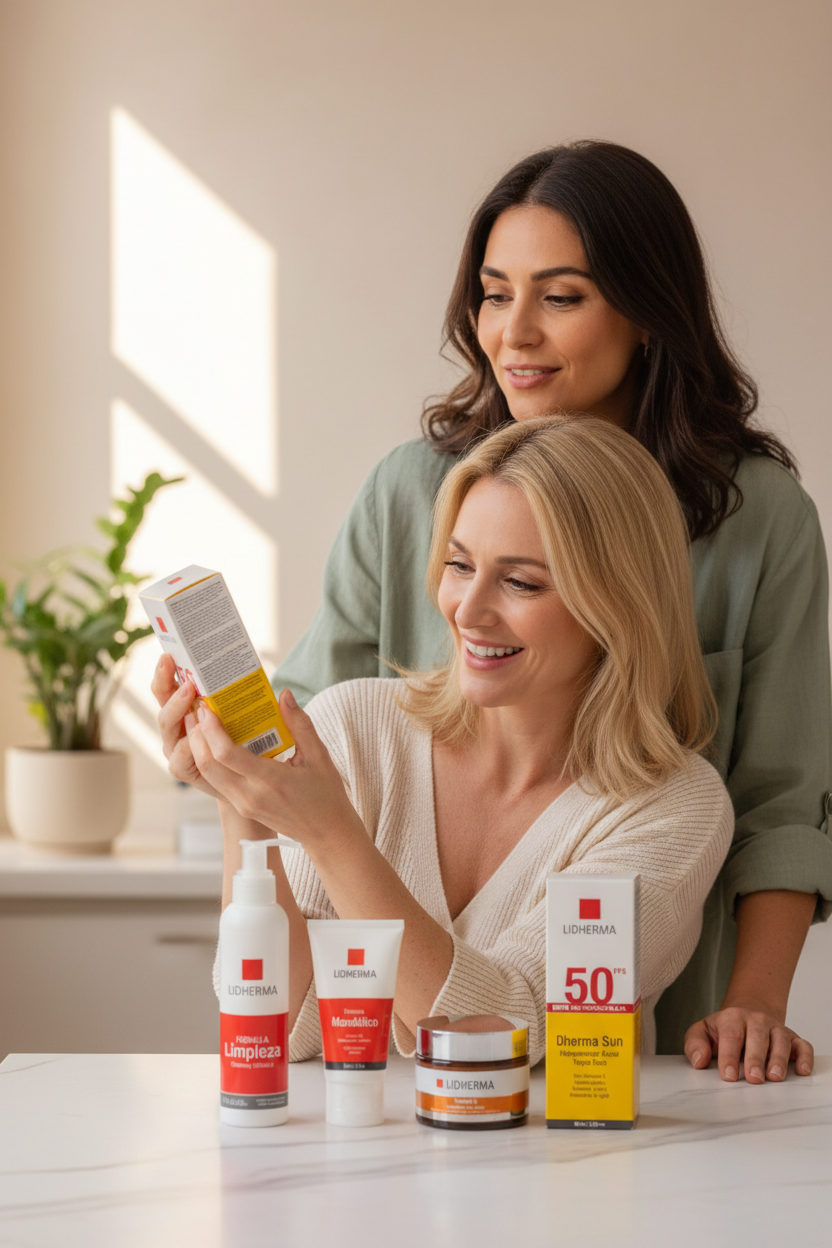 Rubia mira producto, morena la observa a ella - Lidherma